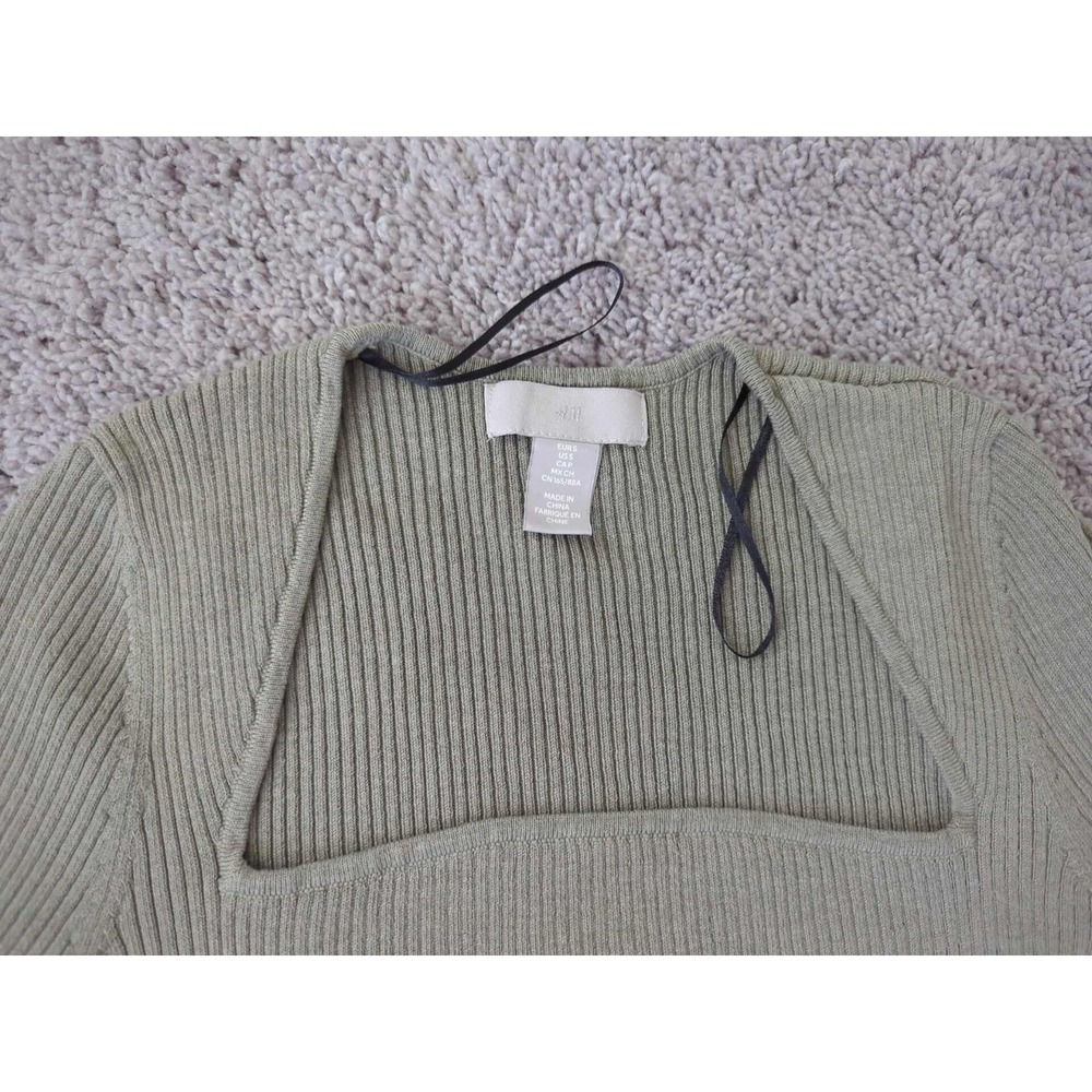H&M Bodycon Dress Womens S Green Long Sleeve Square Neck Ribbed Knit Midi - Picture 2 of 8